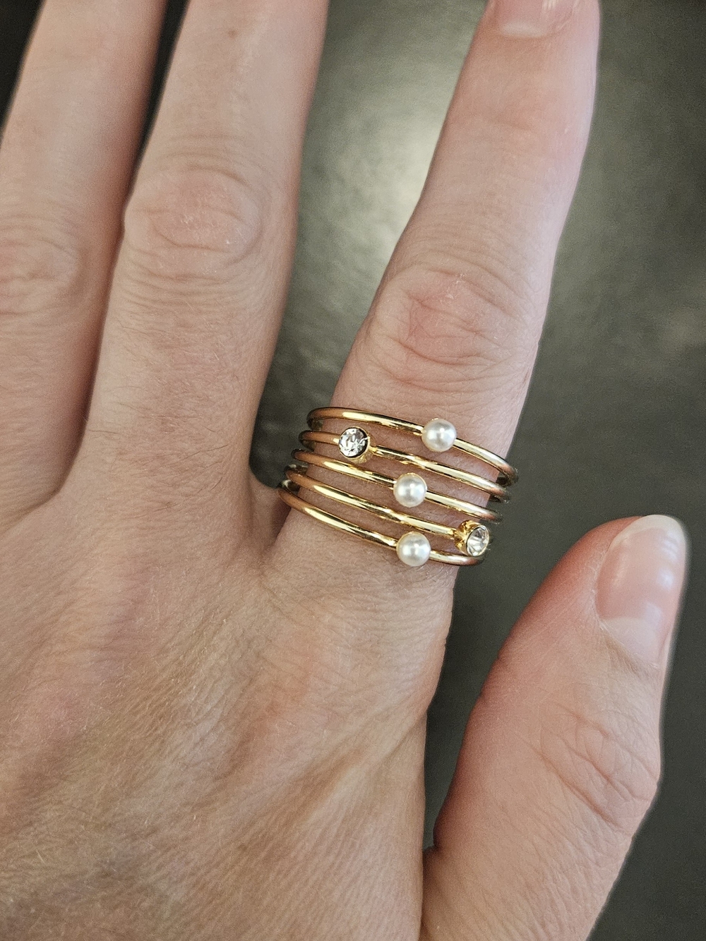 Gold Multi-Band Pearl & Crystal Ring | Size 8/9